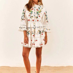 Farm Rio White Mini Dress - Pitanga Embroidered Belted